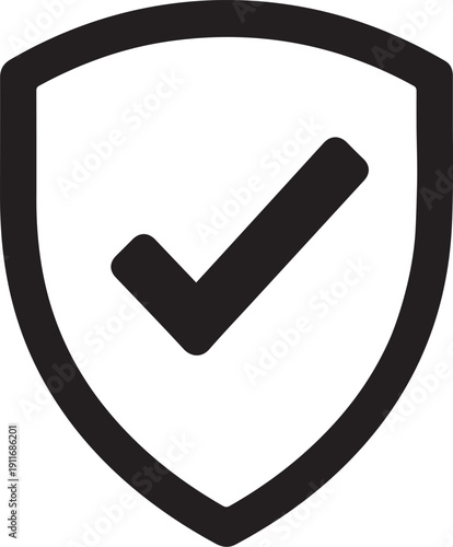 Minimalist silhouette vector icon of a verified badge shield with checkmark on white background