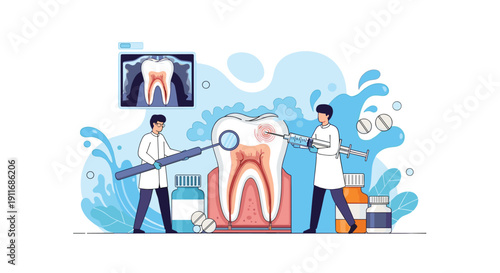 Miniature dentists performing a medical procedure on a giant tooth using professional tools and medicine to promote oral health and dental care.