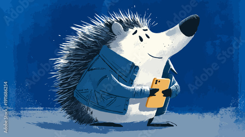 A cartoon hedgehog wearing a denim jacket holding a mobile phone in a blue-toned background