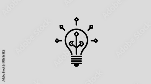Black outline of a lightbulb with emanating shapes, on a light gray background