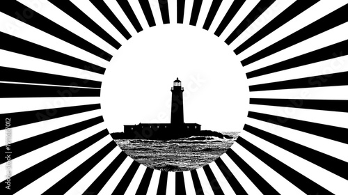 Silhouette of a lighthouse on a rocky island surrounded by stylized black and white sunburst rays