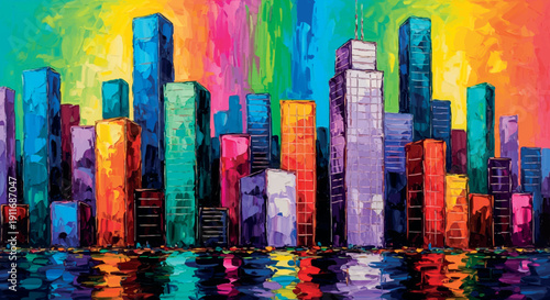 Colorful abstract city skyline reflection with vibrant urban sunset painting