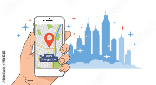 Hand holding a modern smartphone displaying a gps navigation map with a red pin over a blue city skyline background for travel and directions.