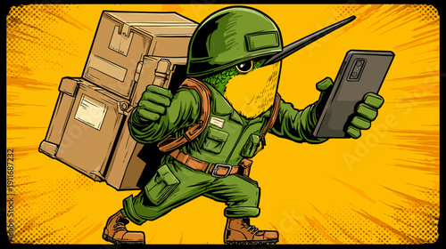 A comic-style character in military attire carries boxes and a phone against an orange background
