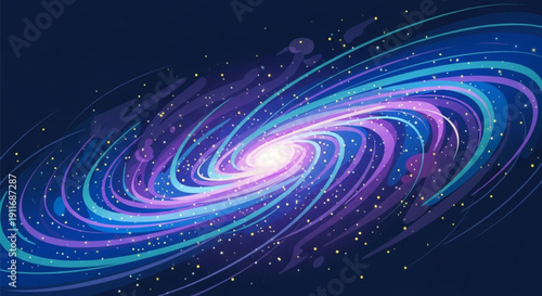 Vibrant spiral galaxy with purple blue and pink swirling arms in deep space with stars