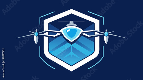 Drone shield emblem with quadcopter and protective badge in flat vector style representing security technology and aerial surveillance