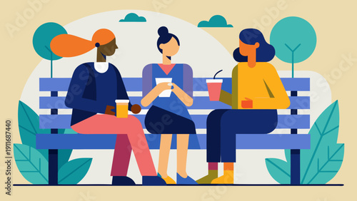 Diverse people sitting on park bench using smartphones and tablet in flat vector style representing social media communication and modern lifestyle