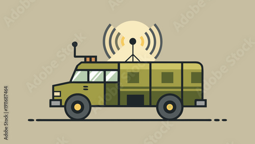 Military communication vehicle with antenna and satellite signal in flat vector style representing army technology and mobile command center