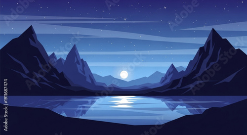 Serene mountain lake at night with moonlight reflection and stars in a peaceful landscape