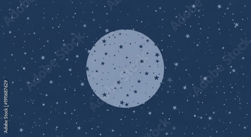 A large light blue moon with craters and stars on a dark blue night sky background with small white stars