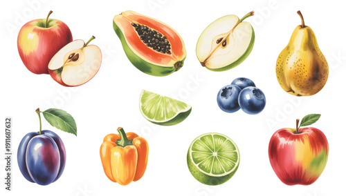 Botanical fruit collection watercolor style. Mixed fruit variety painted isolated on white background.