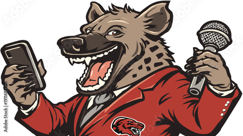 A cartoon hyena character in a red suit holds a phone and a microphone, smiling widely