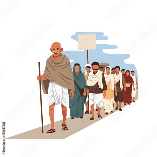 Gandhi leads followers on the historic Dandi March Salt March protest march along a dusty road