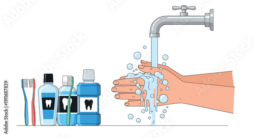 Washing hands with soap and water under a faucet next to dental care products like toothbrushes and mouthwash to promote daily hygiene habits.