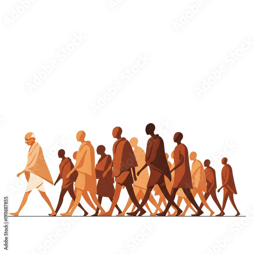 Illustration of the Dandi March and Salt March featuring protesters marching in unison, highlighting protest, march, unity, activism, and freedom