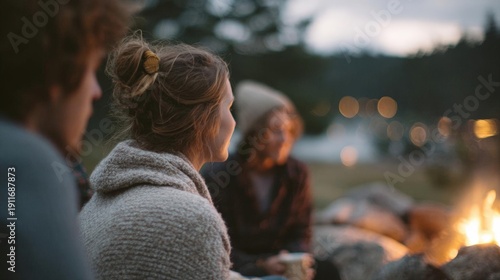 Group of three people sitting around a campfire in a field at sunset. the person in the foreground is a young woman with blonde hair tied up in a bun, wearing a gray sweater.