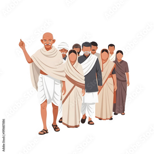 Gandhi leads the Dandi March and Salt March procession with followers in traditional attire walking together in a determined stride