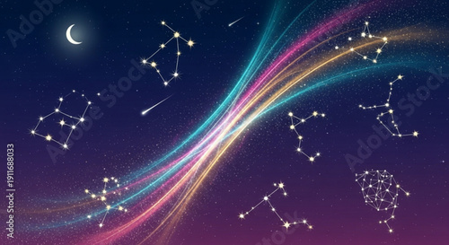 Vibrant streaks of light illuminate constellations in a starry night sky with crescent moon