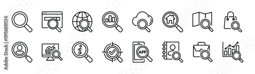 Search and analysis icons showing magnifying glass over charts, maps, and data for research and information gathering