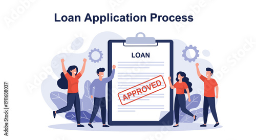 Group of happy people cheering and celebrating after their loan application process was approved as shown by a giant document with a red stamp.