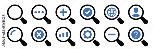 Search magnifying glass icons with various search options and filters