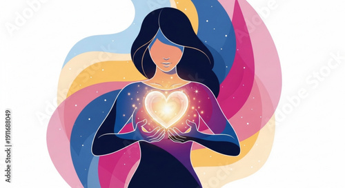 Woman with glowing heart in hands colorful abstract background symbolizing love and positivity emotional wellness concept
