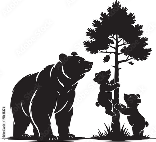 Family of bears with cubs climbing tree, silhouette nature scene