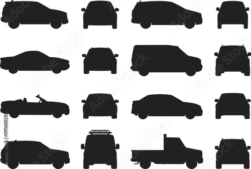 Set of black vehicle silhouettes isolated on white background showing cars, vans, pickup trucks and SUVs in multiple views, minimalist transportation vector illustration collection