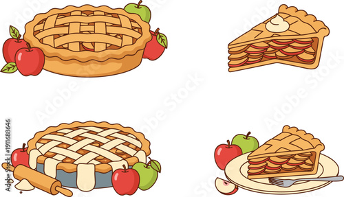Delicious Homemade Apple Pie Vector Illustration Set with Lattice Crust Whole Pies Slices and Fresh Red and Green Apples