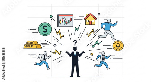 Confused businessman surrounded by financial symbols and chaotic market indicators