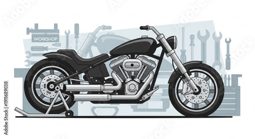 Black motorcycle with chrome accents on a stand in front of a gray workshop background with tools