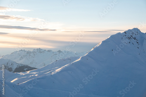 Aerial view of Skiing area of Paradiski, La Plagne, France Alpes