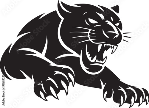 Aggressive panther roaring, wild cat predator, tribal tattoo style