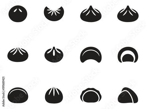 Set of 12 black and white icons representing steamed dumplings and buns