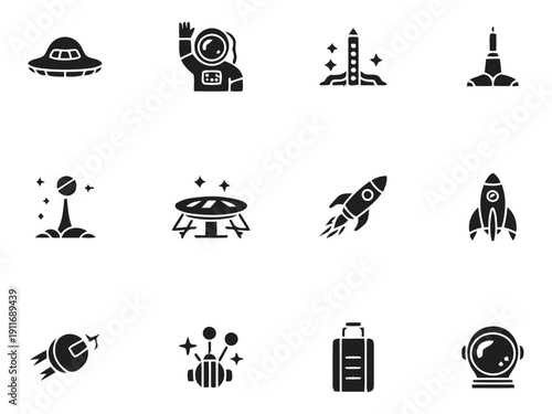 Set of 12 space exploration icons black silhouettes on white background vector illustration