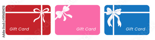 Three colorful illustrations of gift cards with ribbons and bows. Digital vouchers for gifts, shopping, or special occasions.