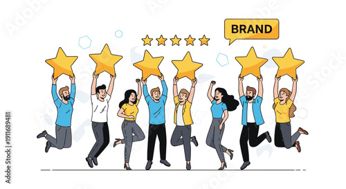 Diverse group of happy people jumping and holding large gold stars to celebrate a high brand rating and excellent customer feedback for service.