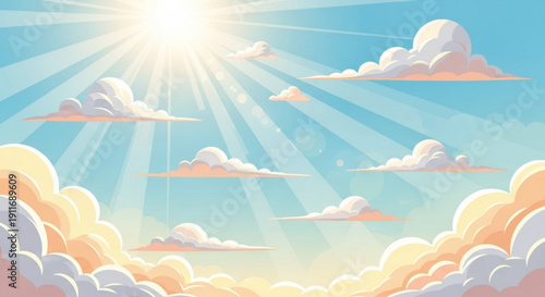 Vibrant sunny sky with fluffy white clouds and warm sun rays shining through creating a serene and peaceful atmosphere in a beautiful