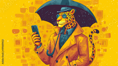 A stylized illustration depicting a leopard in a trench coat holding an umbrella and phone