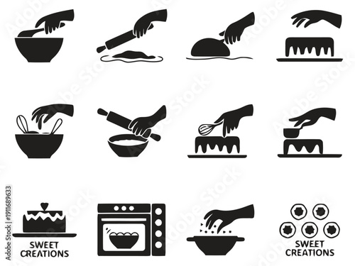 Set of black and white icons representing baking and dessert preparation steps