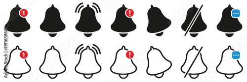 Set of bell notification icons, indicating alerts, sound and silent modes