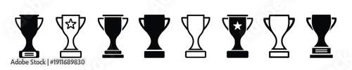 Set of black trophy icons representing achievement and victory