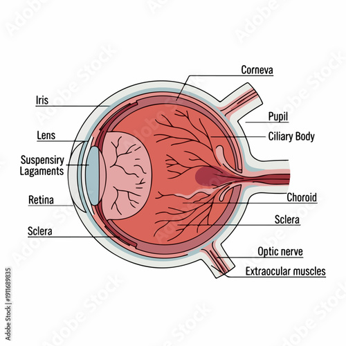 Detailed cross-section diagram of human eye anatomy, illustrating essential components including the retina, lens, pupil, cornea, and optic nerve for medical study.