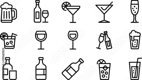 Set of outline beverage and alcohol icons isolated on white background featuring beer, wine, cocktails and soft drinks, modern minimalist vector illustration collection