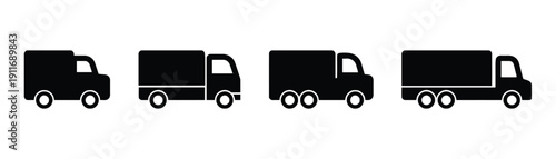 Set of black truck icons representing different types of delivery vehicles from small to large