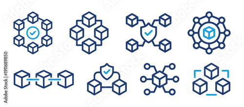 Set of blockchain technology icons depicting interconnected blocks and security