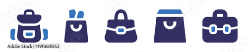 Set of blue and dark blue backpack icons and bag illustrations on white background