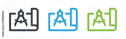 Set of blueprint icons with compass on paper, representing architecture and drafting