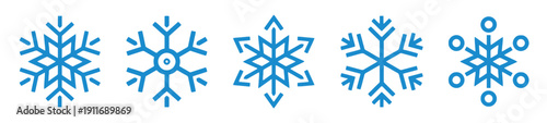 Set of blue snowflake icons on white background