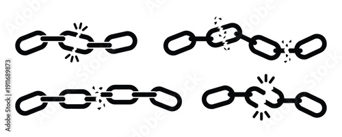 Set of broken chain link symbols illustrating concepts of weakness and failure